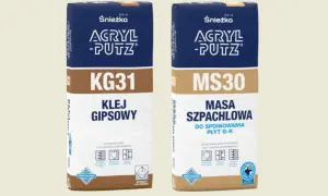Klej gipsowy do czego? Dwa worki produktów Śnieżka: KG31 klej gipsowy do płyt kartonowo-gipsowych i MS30 masa szpachlowa do ich spoinowania.