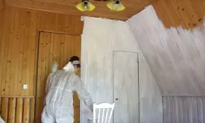Malowanie lakierowanej boazerii bez szlifowania. Kobieta w kombinezonie maluje ściany na biało.