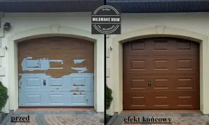 Przed i po malowaniu bramy garażowej. Stara, łuszcząca się farba zastąpiona nową, brązową powłoką.