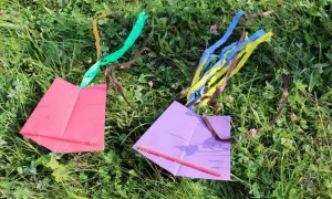Dwa proste latawce, różowy i fioletowy, leżą na trawie. Idealne, by pokazać jak zrobić latawiec.