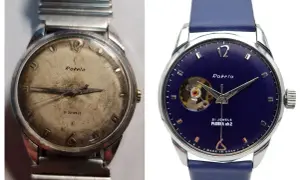 Renowacja starych zegarów: zniszczona tarcza Raketa przed i po przywróceniu blasku, z nowym niebieskim paskiem.