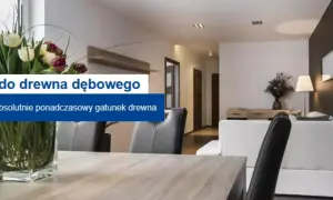 Stół z drewna dębowego, bejcowany na jasny odcień, w nowoczesnym salonie.