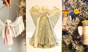 Inspiracje, jak zrobić aniołka z różnych materiałów: makramowego, z książki i z guzików.