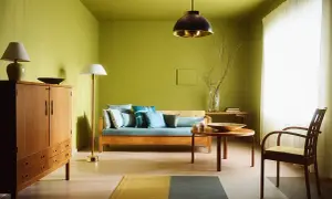 Zielone ściany i meble w stylu retro. Inspiracje do malowania ścian w salonie, tworzące przytulną atmosferę.
