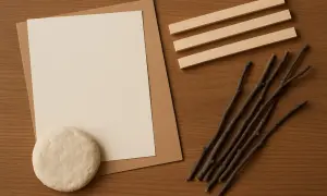 Materiały do stworzenia ramki do zdjęć: patyki, drewniane listewki, masa plastyczna i papier.