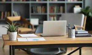 Biurko po renowacji, gotowe do pracy. Laptop, dokumenty i doniczka z rośliną tworzą inspirującą przestrzeń.