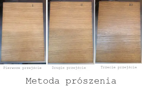 Trzy próbki drewna pokazujące efekt bejcowania: pierwsze przejście, drugie i trzecie. Metoda prószenia.