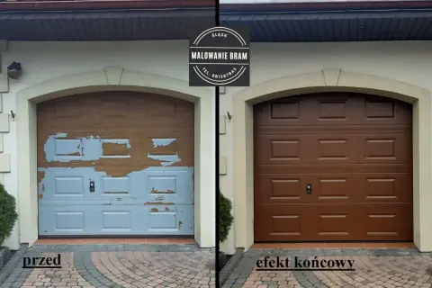 Przed i po malowaniu bramy garażowej. Stara, łuszcząca się farba zastąpiona nową, brązową powłoką.