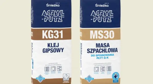 Klej gipsowy do czego? Dwa worki produktów Śnieżka: KG31 klej gipsowy do płyt kartonowo-gipsowych i MS30 masa szpachlowa do ich spoinowania.