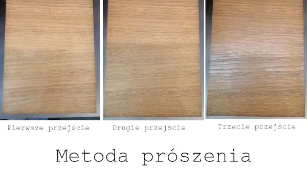 Trzy próbki drewna pokazujące efekt bejcowania: pierwsze przejście, drugie i trzecie. Metoda prószenia.