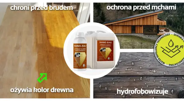 Olej do drewna Nano-Bau ożywia kolor, chroni przed brudem i mchami, a także hydrofobowizuje drewno, zapewniając mu trwałą ochronę.