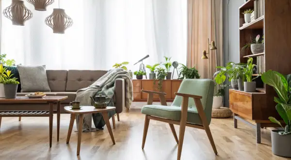 Wnętrze z meblami po renowacji PRL: sofa, fotele, stoliki i regał w stylu retro, ozdobione licznymi roślinami.