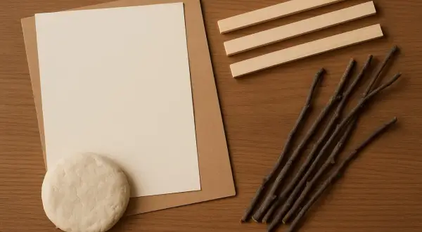 Materiały do stworzenia ramki do zdjęć: patyki, drewniane listewki, masa plastyczna i papier.