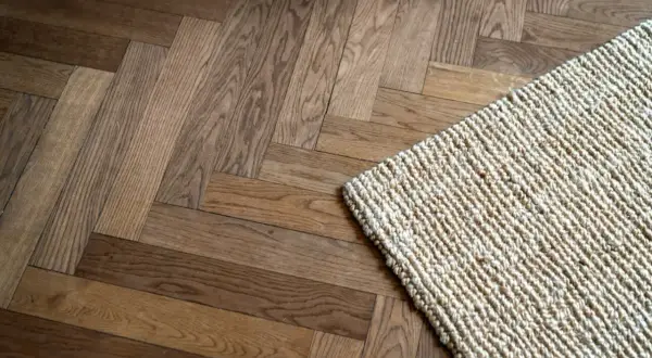 Drewniana podłoga w jodełkę, częściowo zakryta dywanem. Widać ślady po miejscowej naprawie podłogi drewnianej.