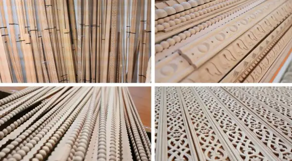 Różnorodne listewki drewniane z ornamentami i koralikami – inspiracje, co można zrobić z listewek drewnianych.