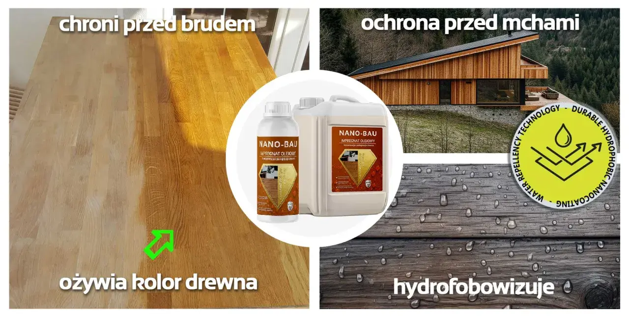 Olej do drewna Nano-Bau ożywia kolor, chroni przed brudem i mchami, a także hydrofobowizuje drewno, zapewniając mu trwałą ochronę.
