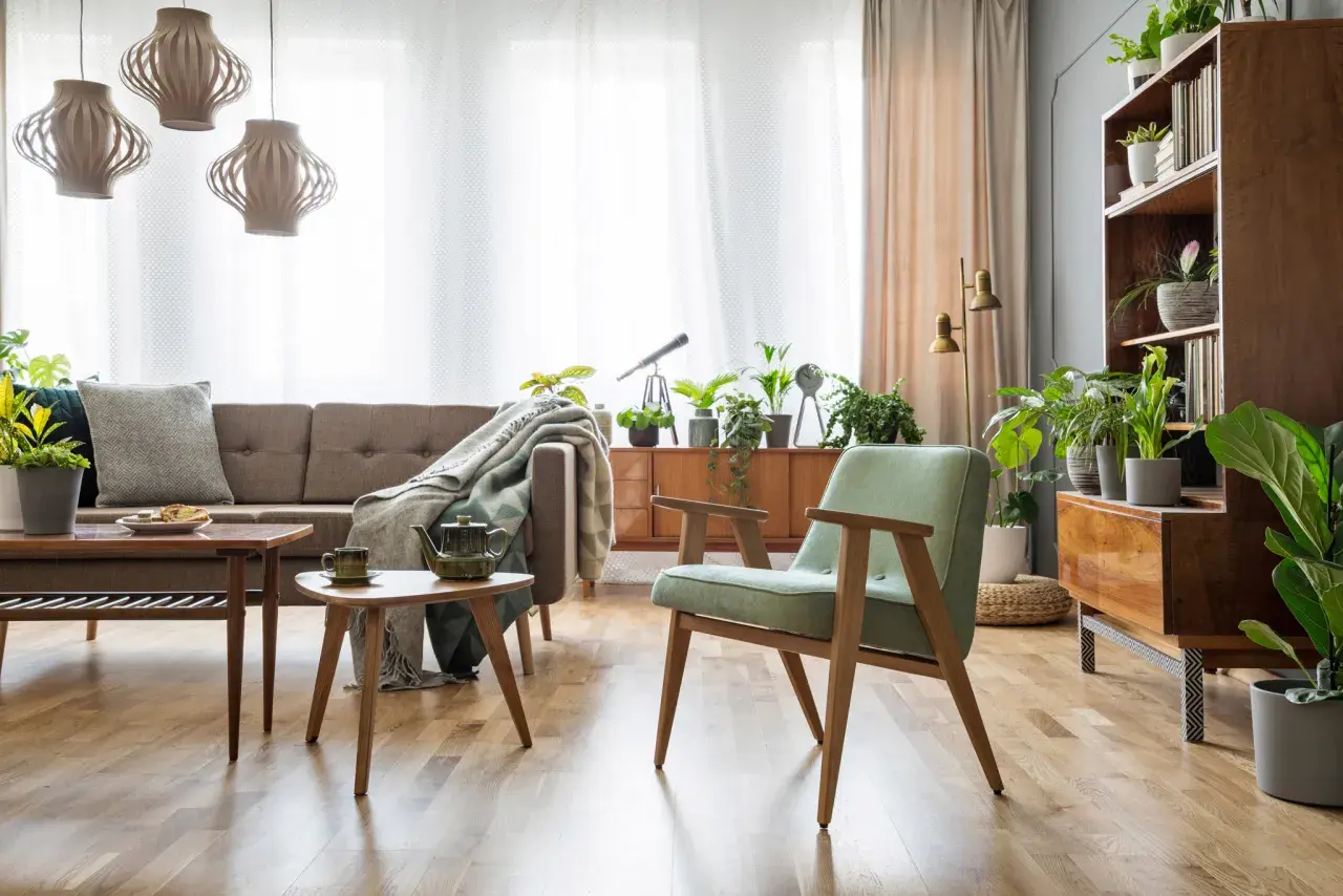 Wnętrze z meblami po renowacji PRL: sofa, fotele, stoliki i regał w stylu retro, ozdobione licznymi roślinami.