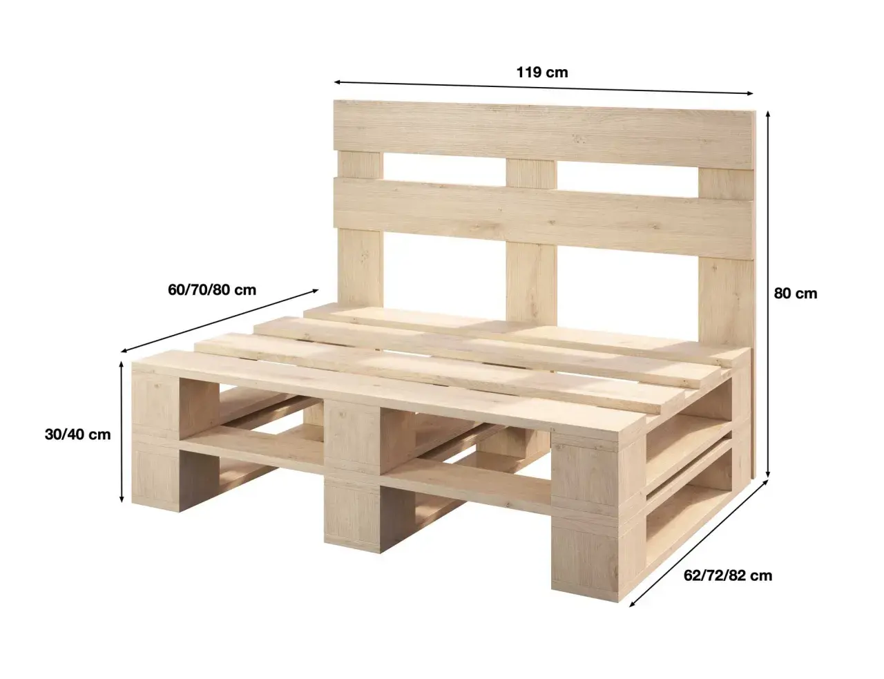 Ławka z palet jak zrobić? Prosty projekt DIY z wymiarami: 119x80x62-82 cm.