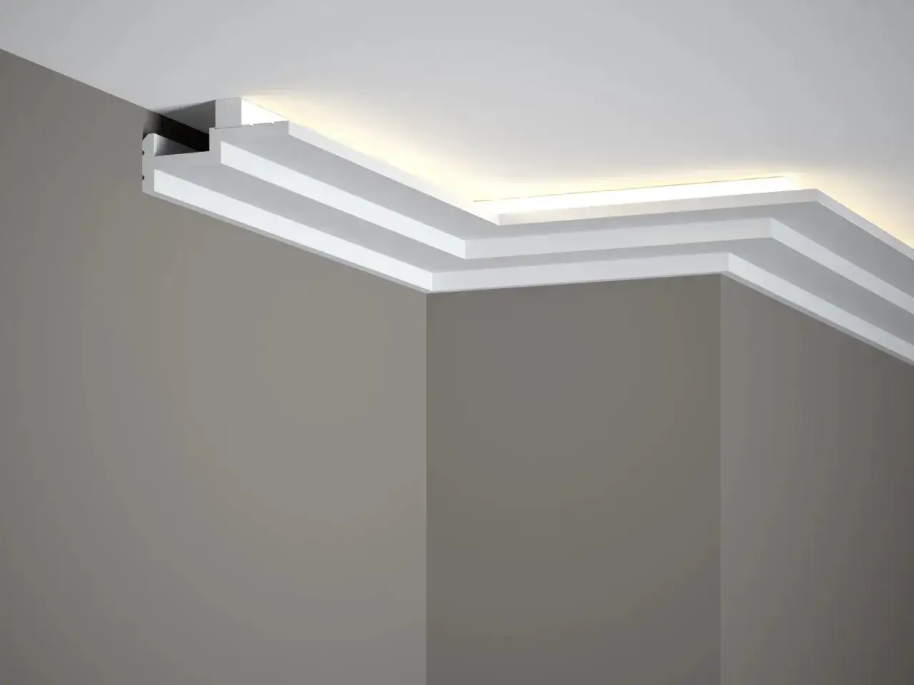 Nowoczesny pomysł na sufit w pokoju z ukrytym oświetleniem LED, tworzącym subtelny blask.