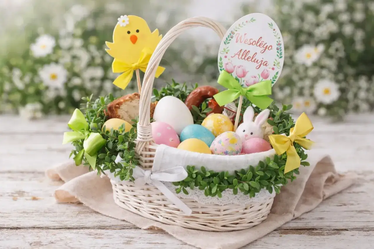 Inspiracja, jak udekorować koszyczek wielkanocny: pisanki, babka, kiełbasa i uroczy zajączek w wiklinowym koszu.