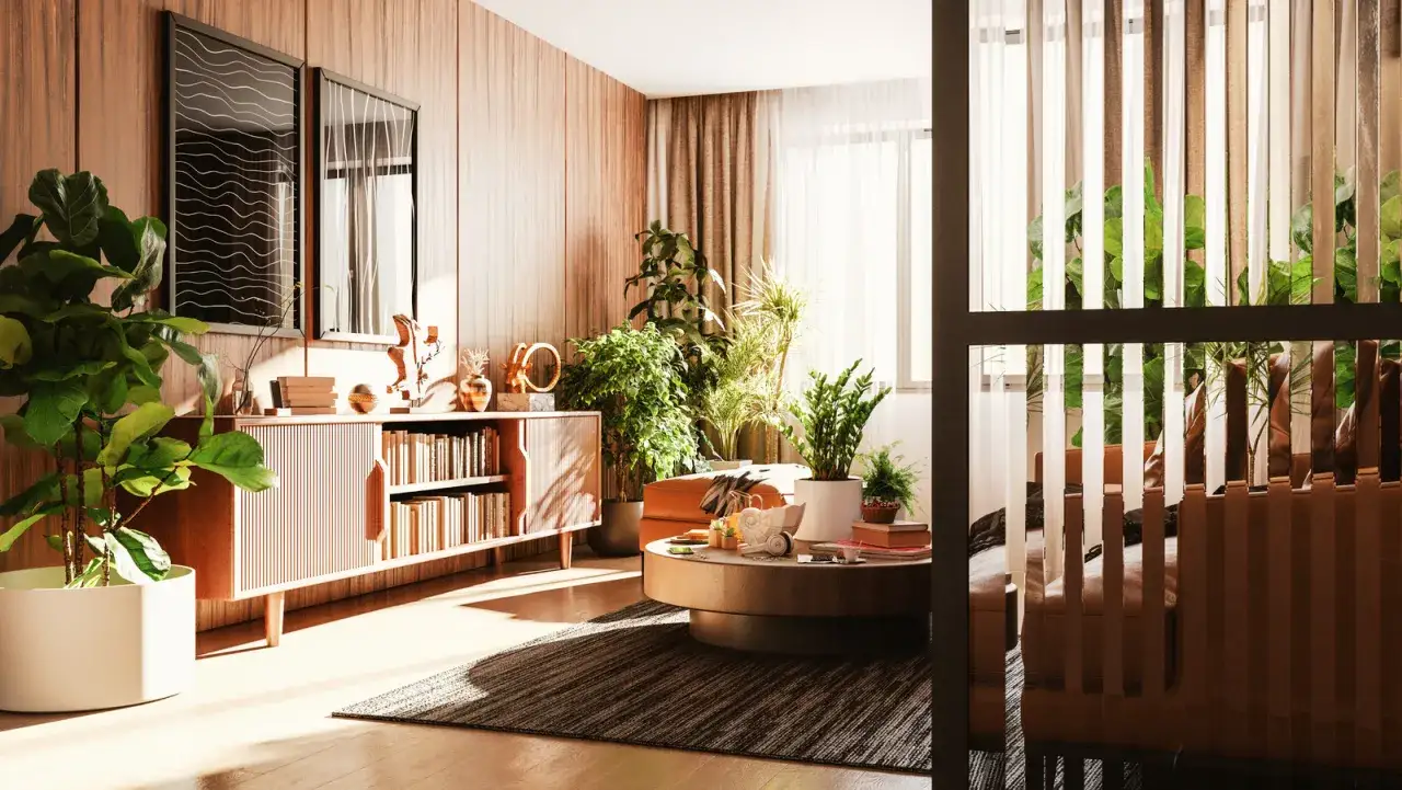 Nowoczesny salon z boazerią, która przeszła metamorfozę. Jasne drewno, dużo zieleni i stylowe meble tworzą przytulną atmosferę.