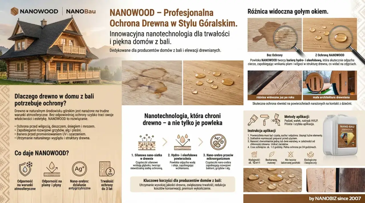 Impregnat do drewna natryskowy NANOWOOD chroni domy z bali przed wilgocią, plamami i UV, zapewniając trwałość i piękno.