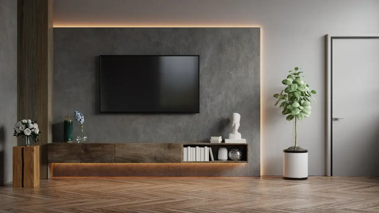 Nowoczesny salon z betonową ścianą, drewnianą szafką RTV i podłogą. Oświetlenie LED podkreśla ciepło drewna.