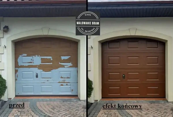 Przed i po malowaniu bramy garażowej. Stara, łuszcząca się farba zastąpiona nową, brązową powłoką.