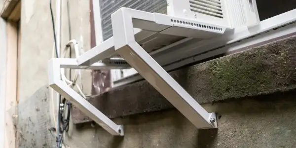 Solidne oparcie dla ramy okiennej, wykonane z białego metalu, zapewnia stabilne mocowanie klimatyzatora.